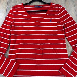 2/$30 Polo Ralph Lauren Top Womens Large Red Striped Long Sleeve V Neck Preppy